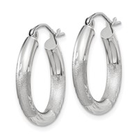 10K White Gold Satin & Diamond-cut 3mm Round Hoop Earrings view 2
