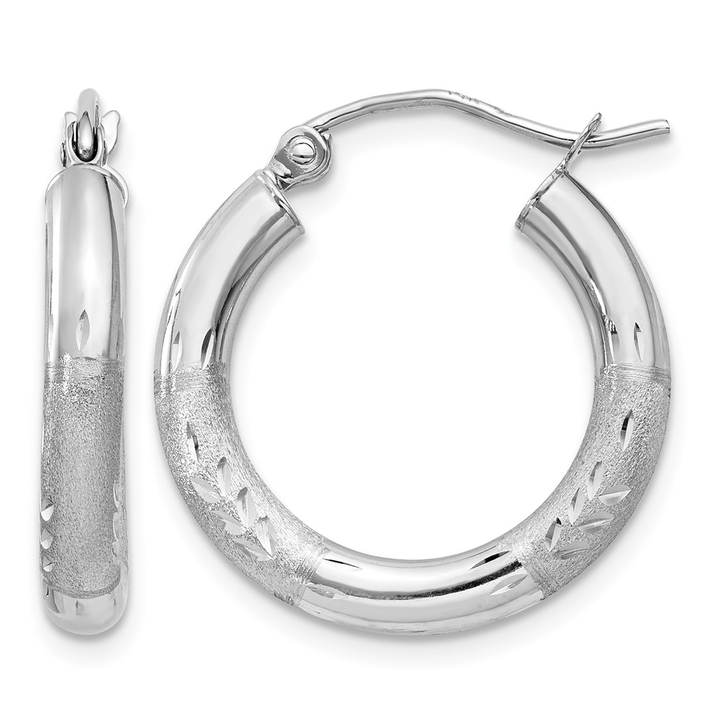 10K White Gold Satin & Diamond-cut 3mm Round Hoop Earrings