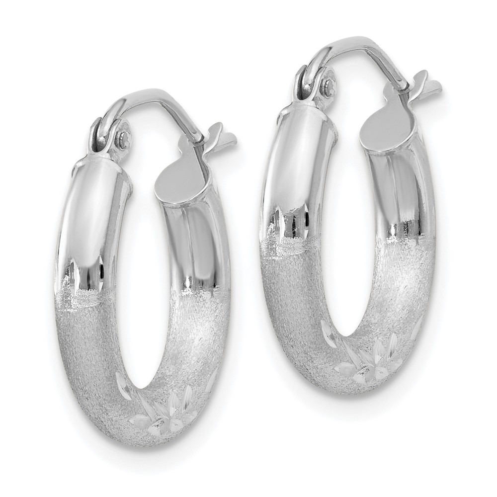 10k White Gold Satin & Diamond-cut 3mm Round Hoop Earrings (10TC279)