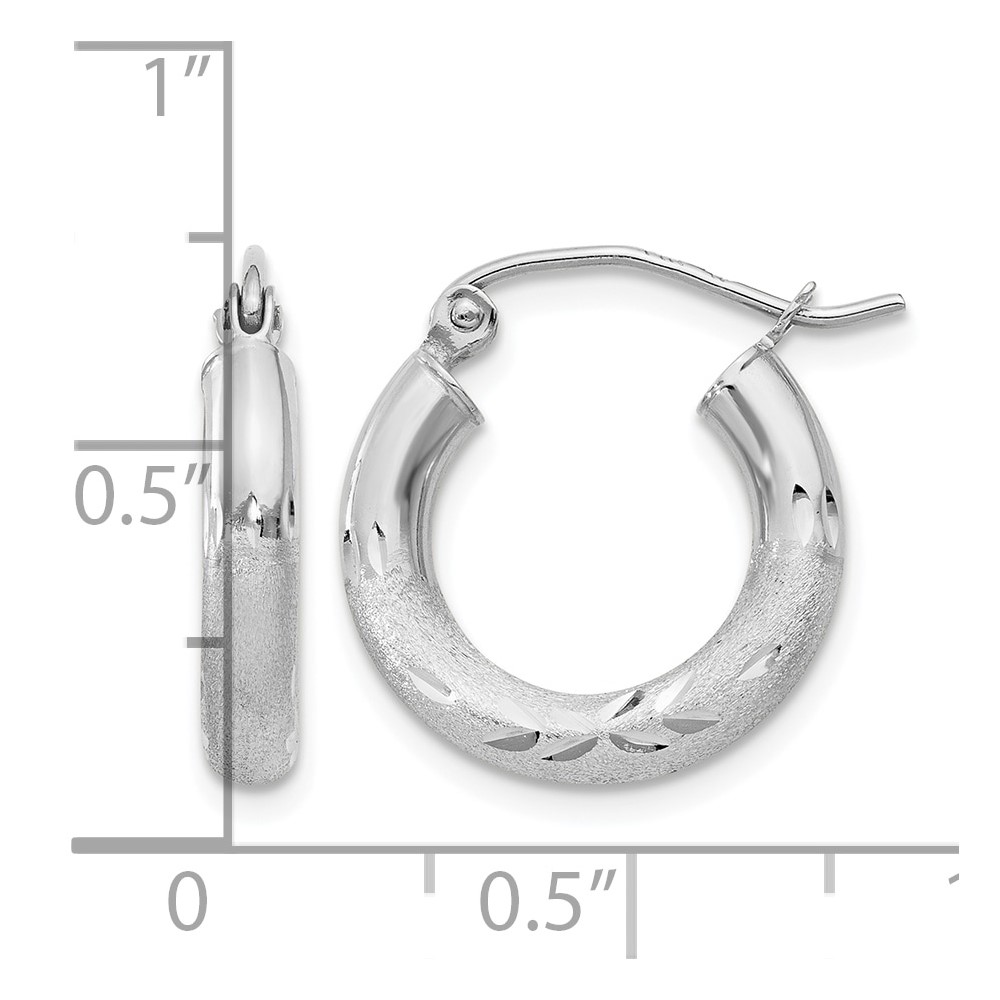 10k White Gold Satin & Diamond-cut 3mm Round Hoop Earrings (10TC279)