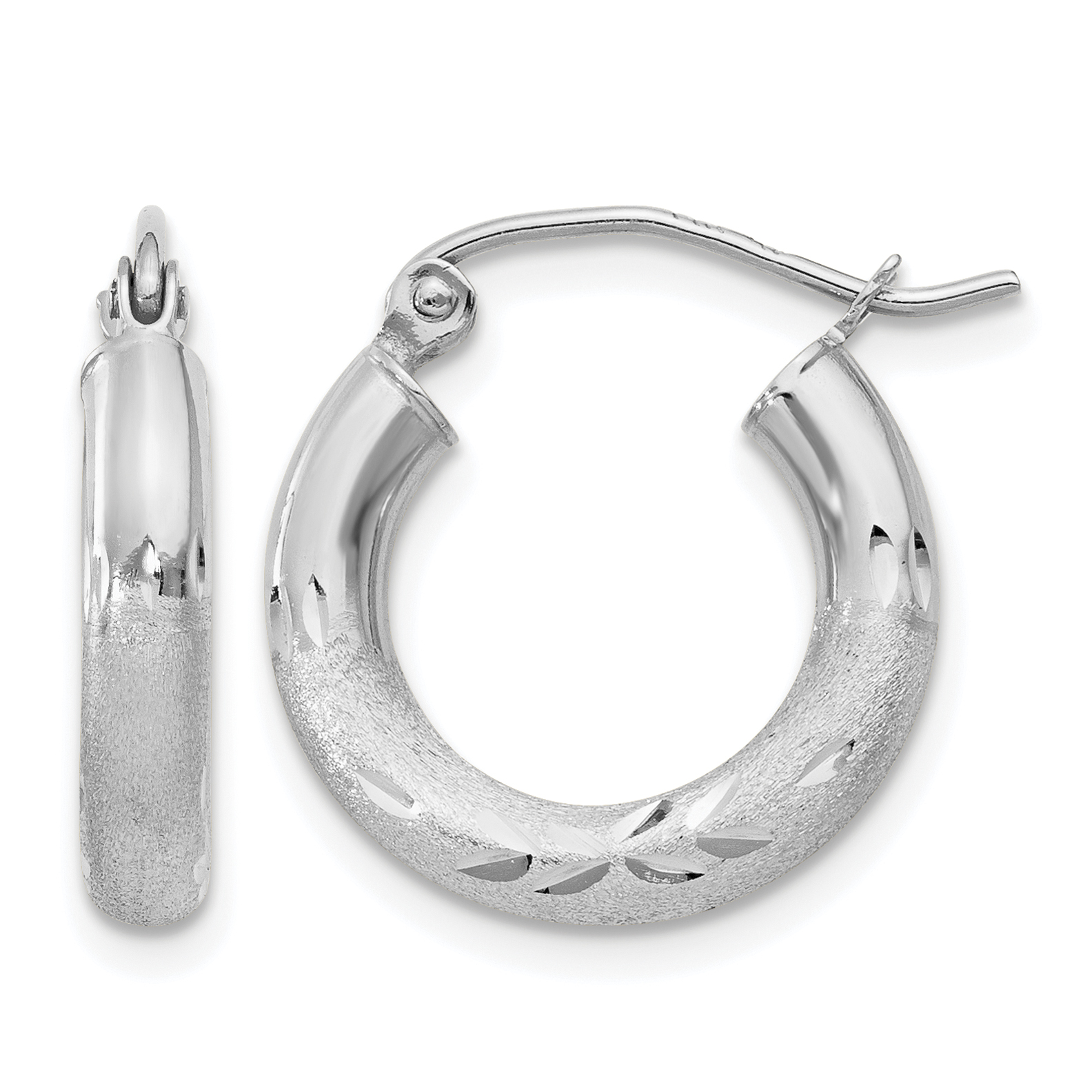 10k White Gold Satin & Diamond-cut 3mm Round Hoop Earrings (10TC279)