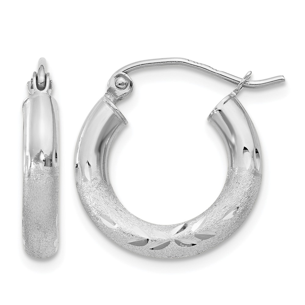 10k White Gold Satin & Diamond-cut 3mm Round Hoop Earrings (10TC279)