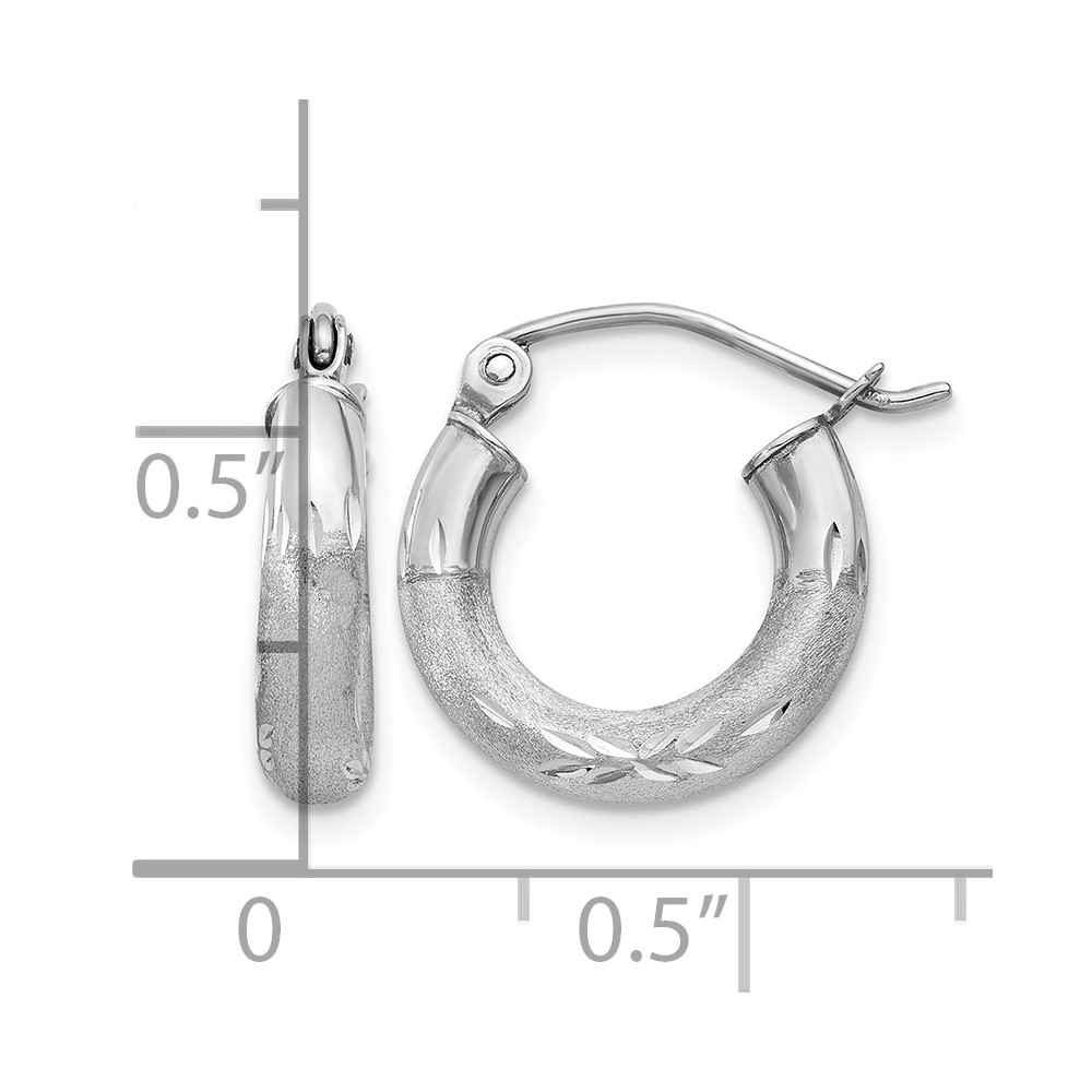 10k White Gold Satin & Diamond-cut 3mm Round Hoop Earrings (10TC280)