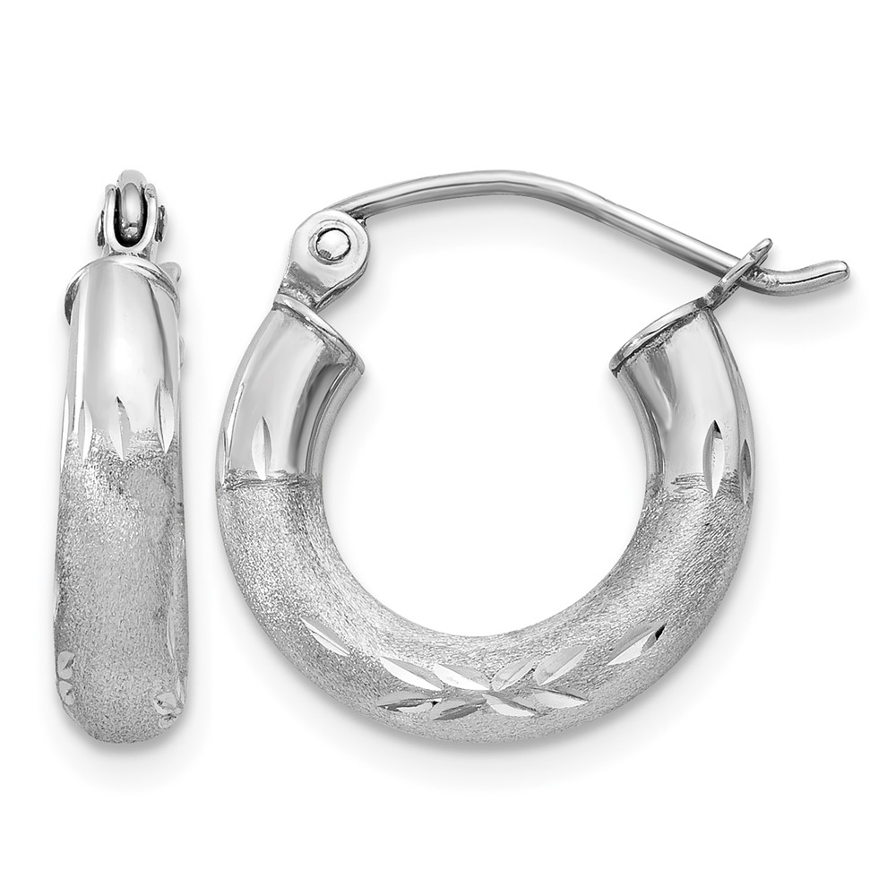 10k White Gold Satin & Diamond-cut 3mm Round Hoop Earrings (10TC280)