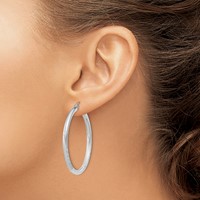 10K White Gold Satin & Diamond-cut 3mm Round Hoop Earrings view 3