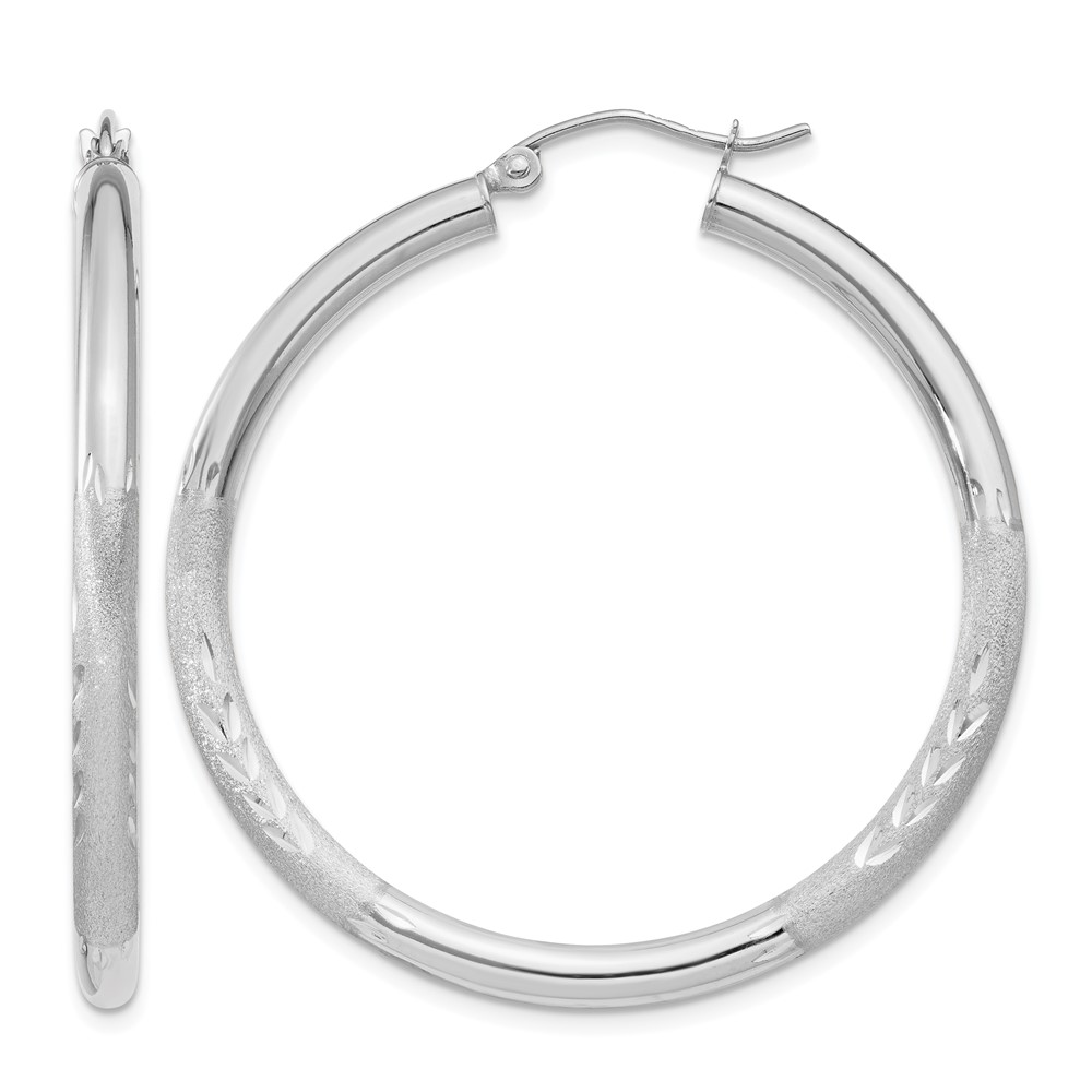10K White Gold Satin & Diamond-cut 3mm Round Hoop Earrings