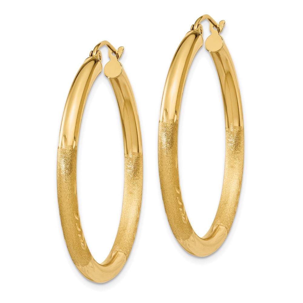 10k Satin & Diamond-cut 3mm Round Hoop Earrings (10TC287)