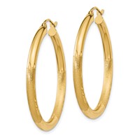 10K Yellow Gold Satin & Diamond-cut 3mm Round Hoop Earrings view 2