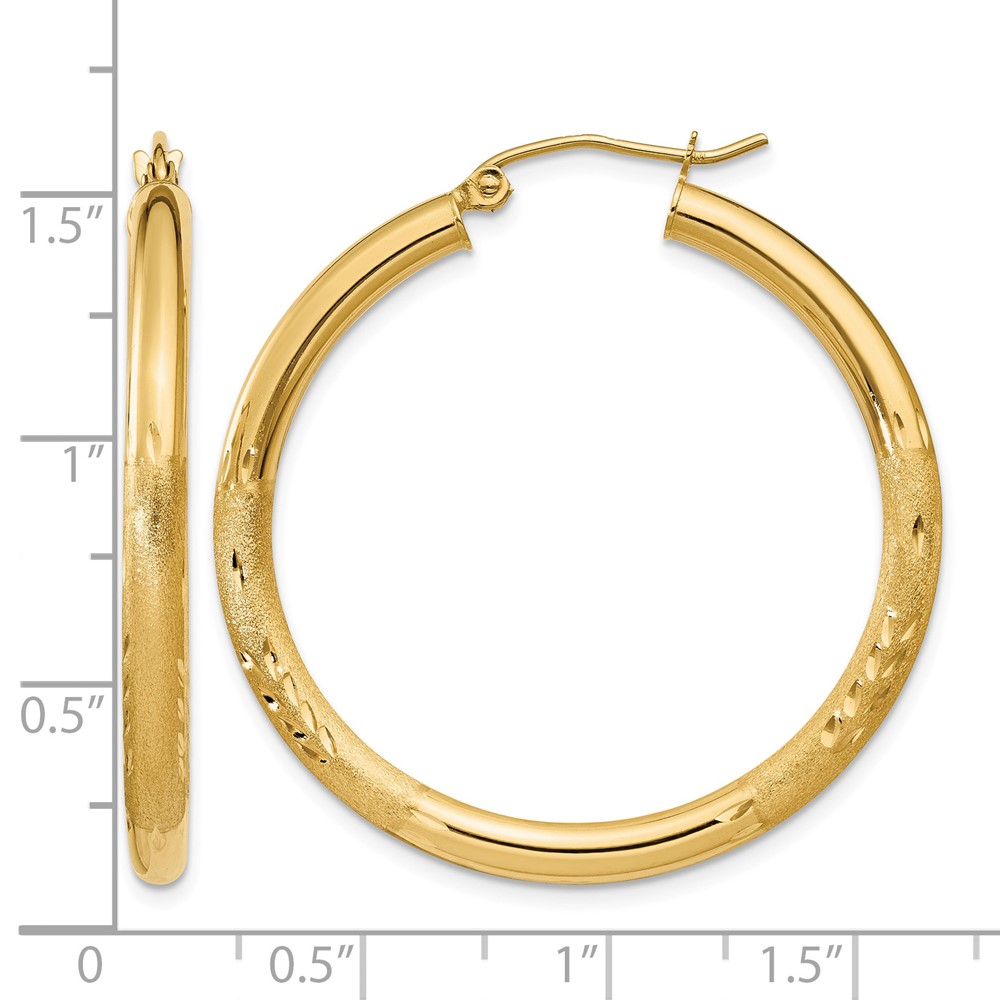 10k Satin & Diamond-cut 3mm Round Hoop Earrings (10TC287)