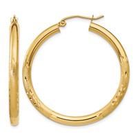 10K Yellow Gold Satin & Diamond-cut 3mm Round Hoop Earrings view 1