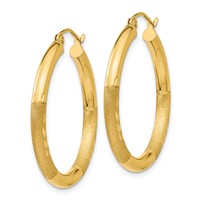 10K Yellow Gold Satin & Diamond-cut 3mm Round Hoop Earrings view 2