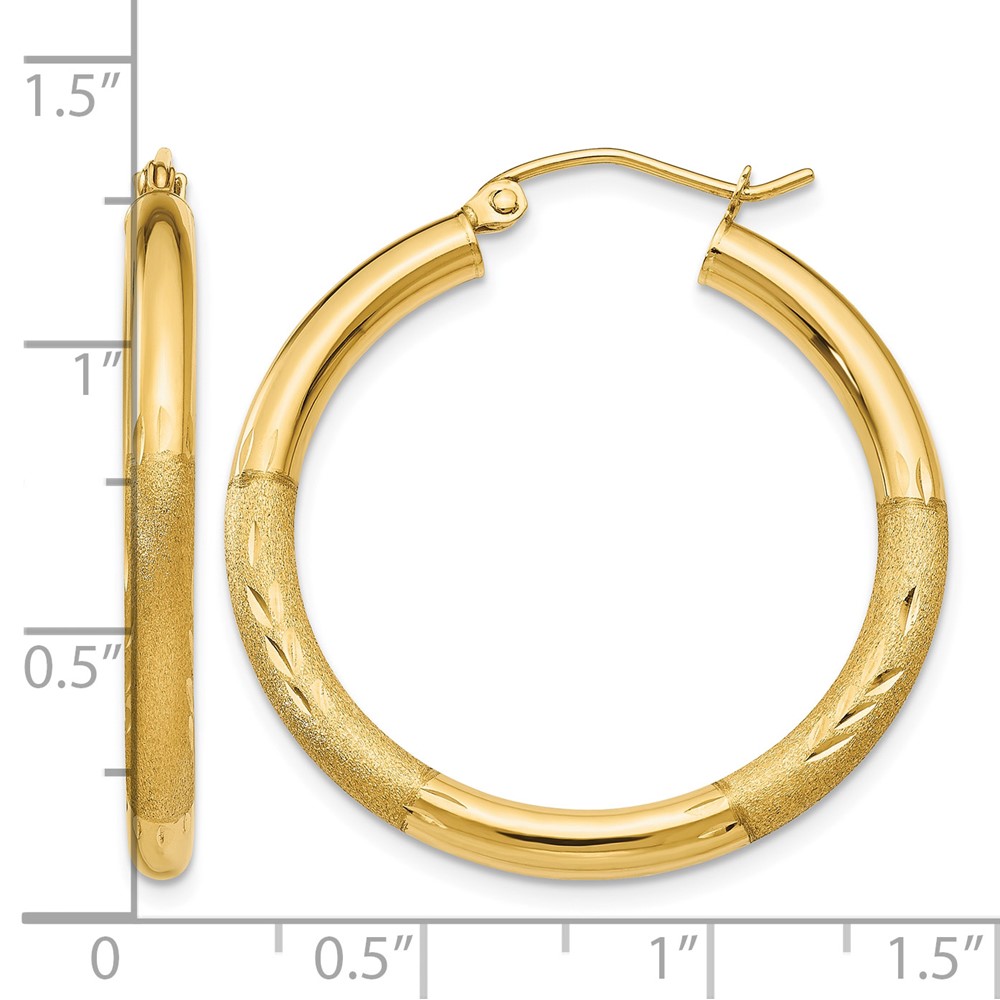 10k Satin & Diamond-cut 3mm Round Hoop Earrings (10TC288)