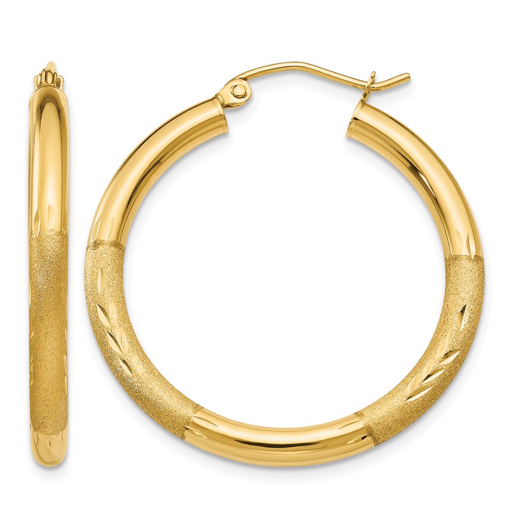 10k Satin & Diamond-cut 3mm Round Hoop Earrings (10TC288)