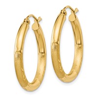 10K Yellow Gold Satin & Diamond-cut 3mm Round Hoop Earrings view 2
