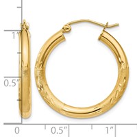 10K Yellow Gold Satin & Diamond-cut 3mm Round Hoop Earrings view 4