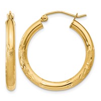 10K Yellow Gold Satin & Diamond-cut 3mm Round Hoop Earrings view 1