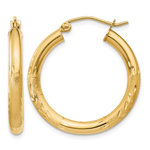 10K Yellow Gold Satin & Diamond-cut 3mm Round Hoop Earrings