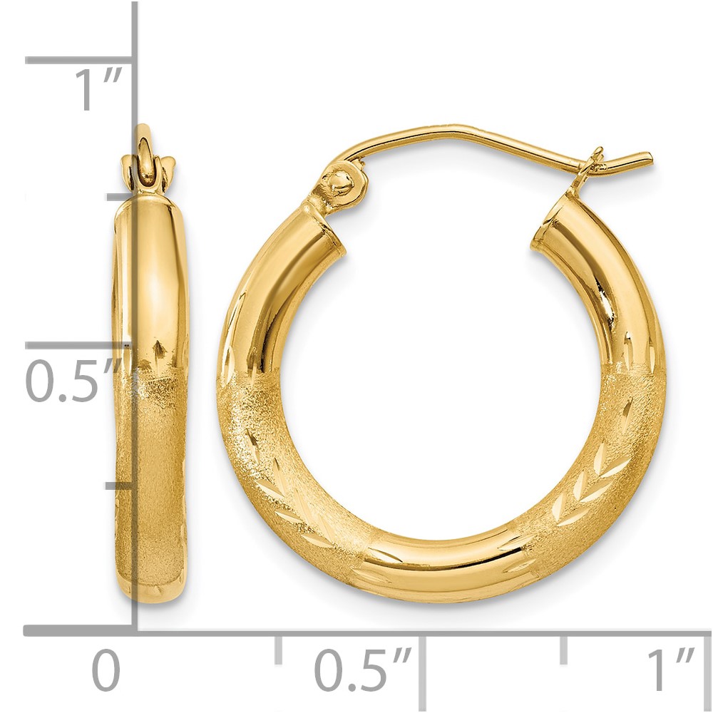 10k Satin & Diamond-cut 3mm Round Hoop Earrings (10TC290)