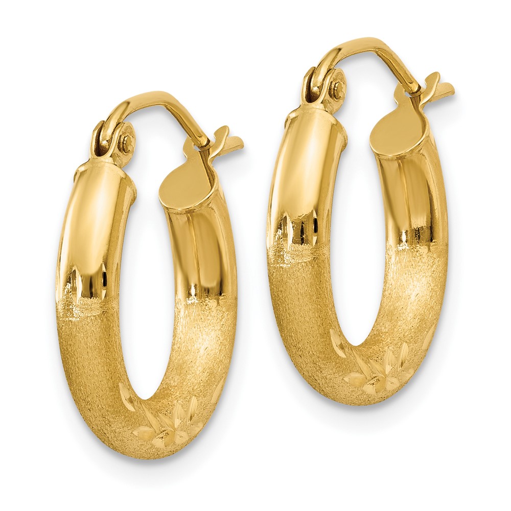 10k Satin & Diamond-cut 3mm Round Hoop Earrings (10TC291)