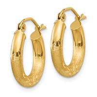 10K Yellow Gold Satin & Diamond-cut 3mm Round Hoop Earrings view 2