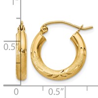 10K Yellow Gold Satin & Diamond-cut 3mm Round Hoop Earrings view 4