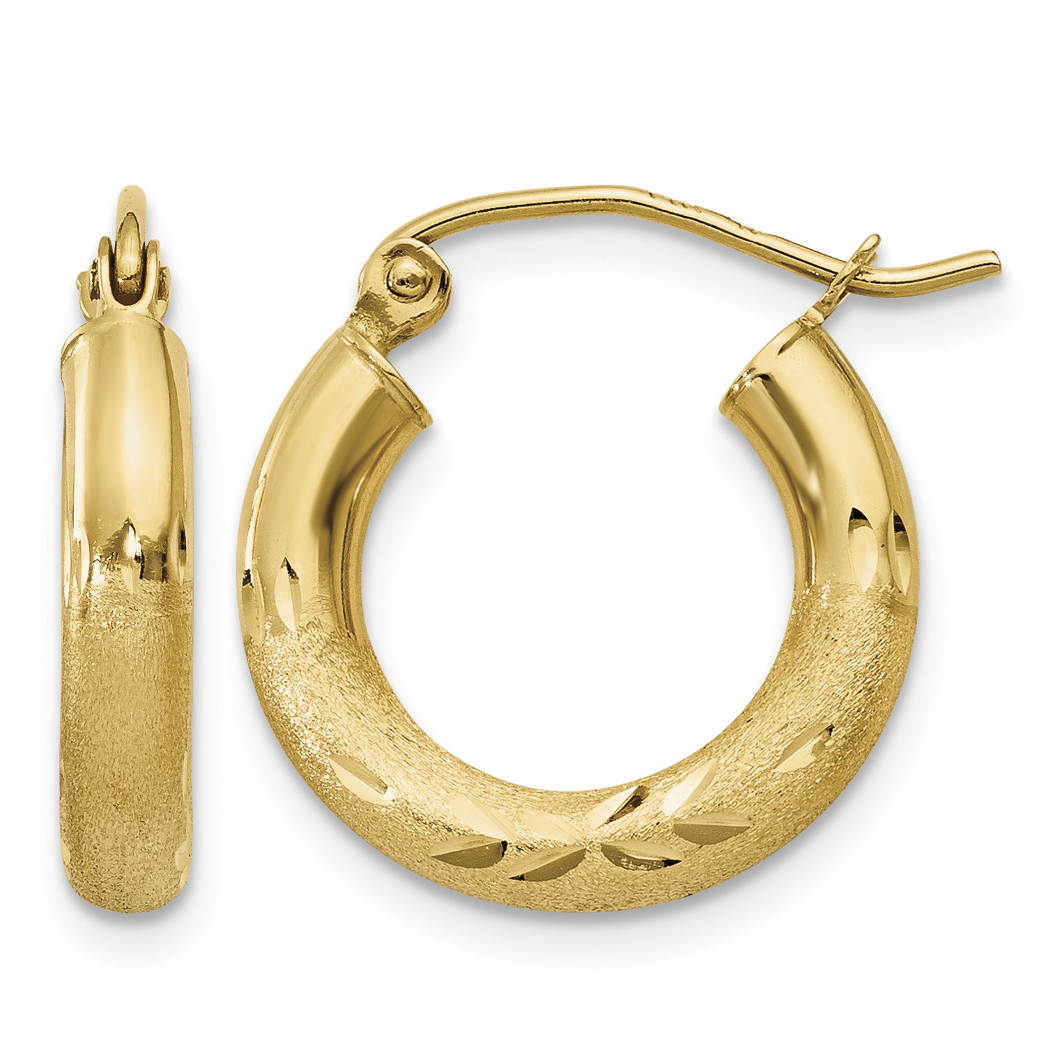10k Satin & Diamond-cut 3mm Round Hoop Earrings (10TC291)