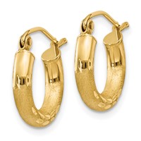 10K Yellow Gold Satin & Diamond-cut 3mm Round Hoop Earrings view 2