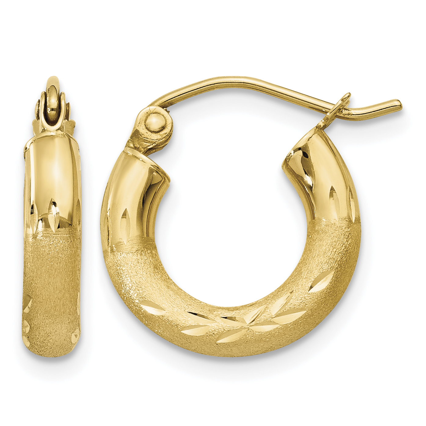 10k Satin & Diamond-cut 3mm Round Hoop Earrings (10TC292)
