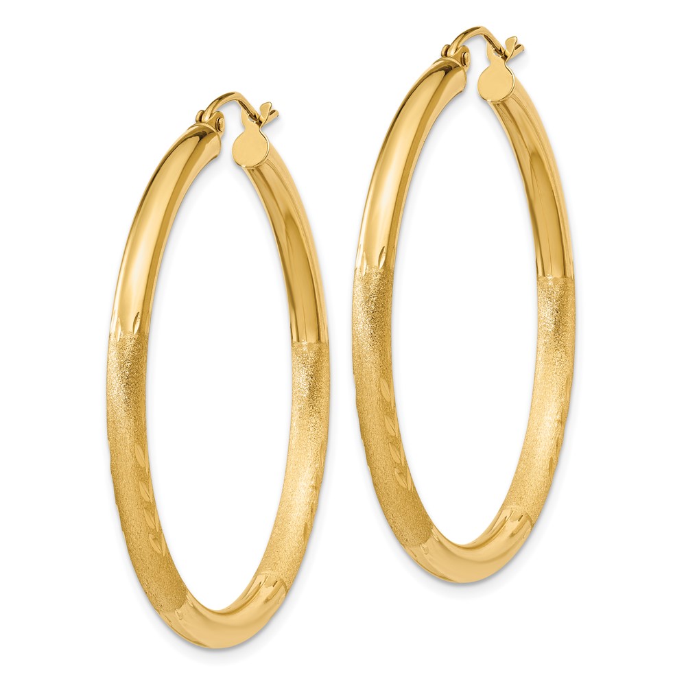 10k Satin & Diamond-cut 3mm Round Hoop Earrings (10TC293)