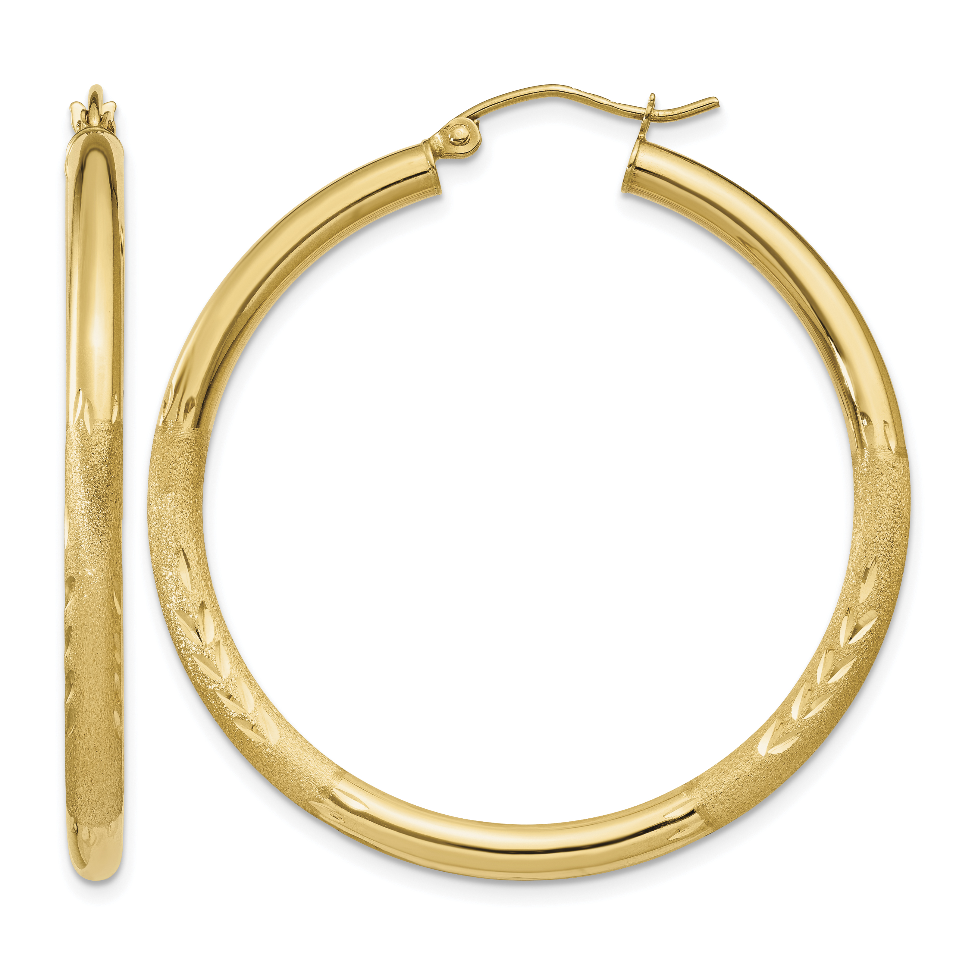 10k Satin & Diamond-cut 3mm Round Hoop Earrings (10TC293)