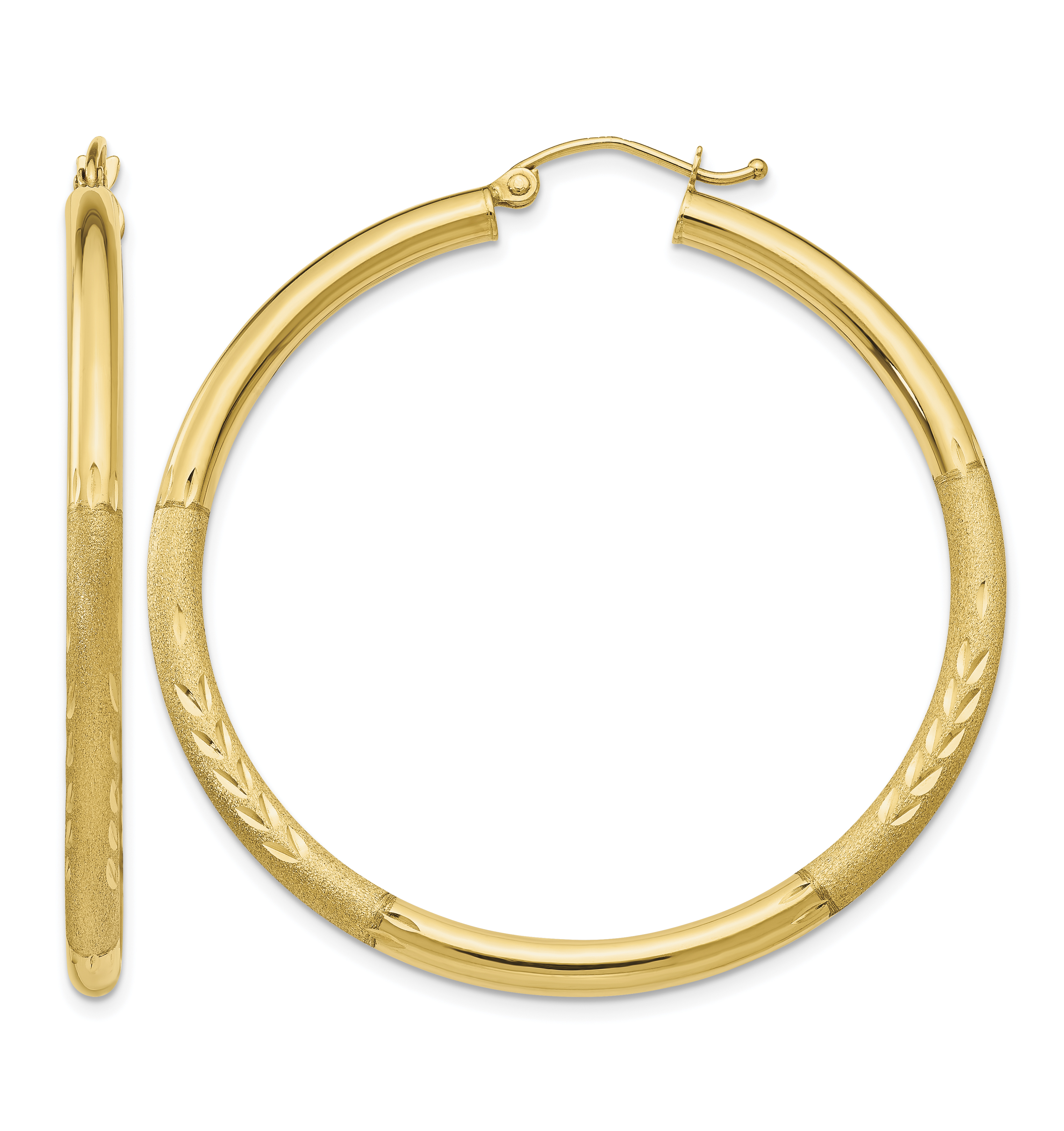 10k Satin & Diamond-cut 3mm Round Hoop Earrings (10TC294)