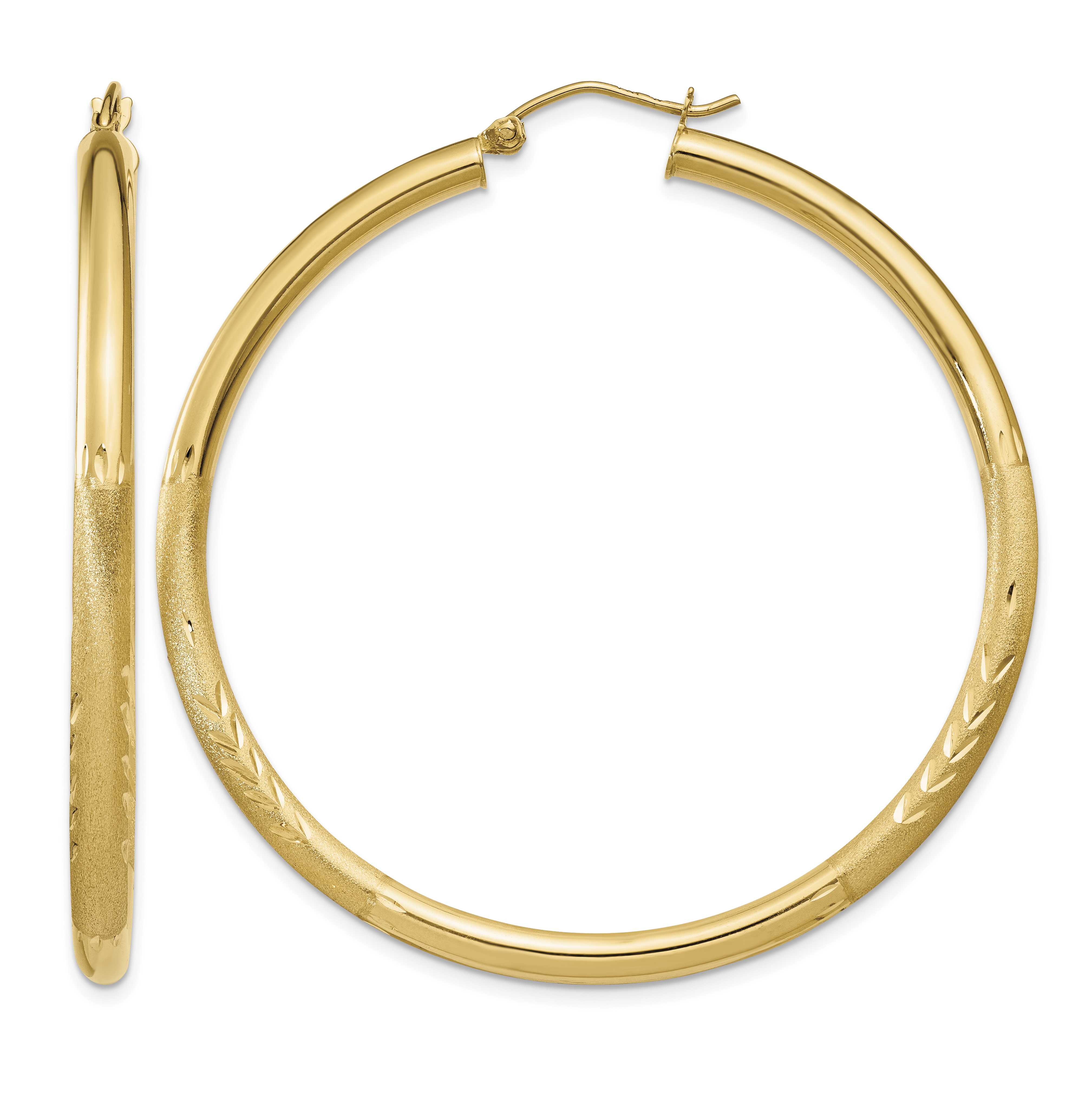 10k Satin & Diamond-cut 3mm Round Hoop Earrings (10TC295)