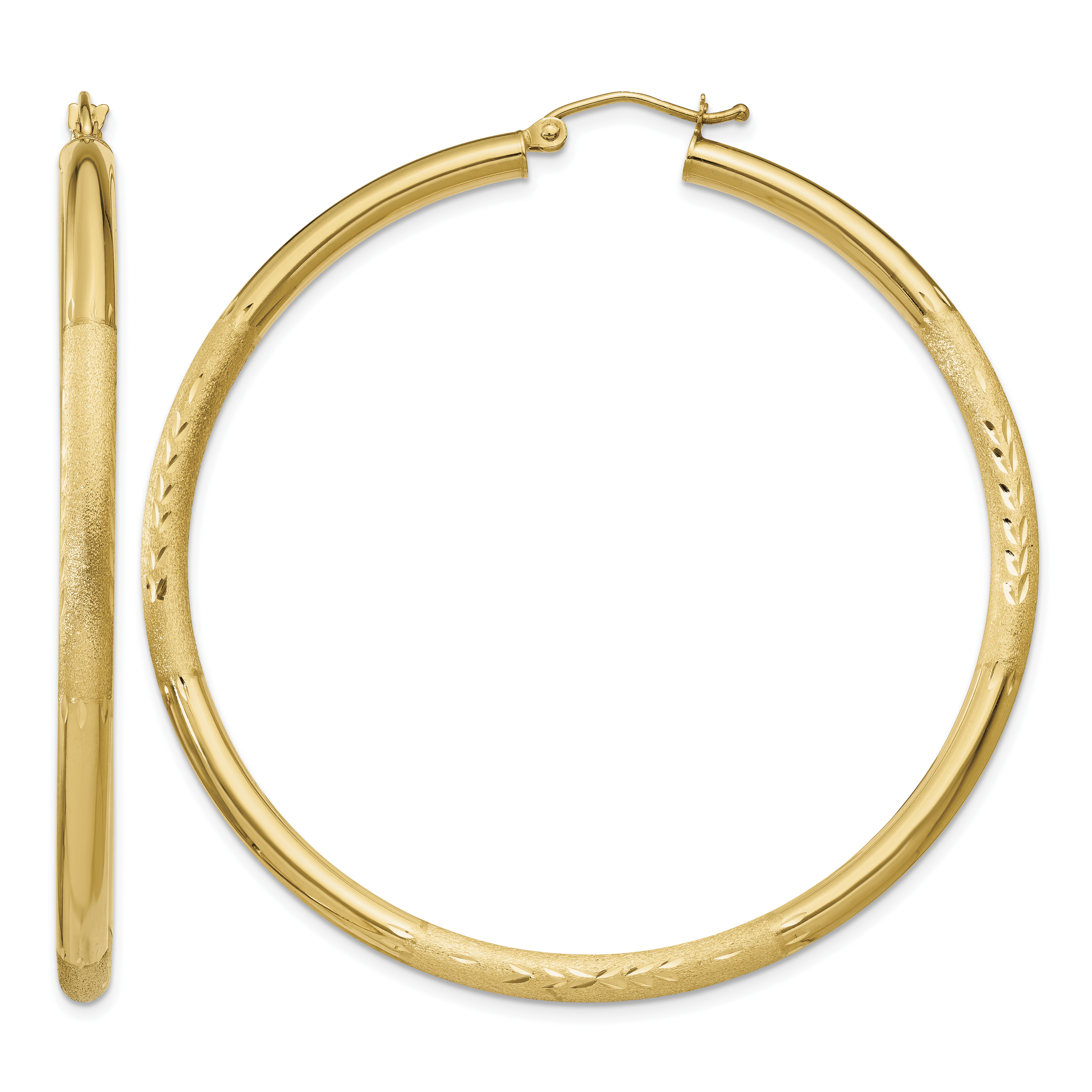 10k Satin & Diamond-cut 3mm Round Hoop Earrings (10TC296)
