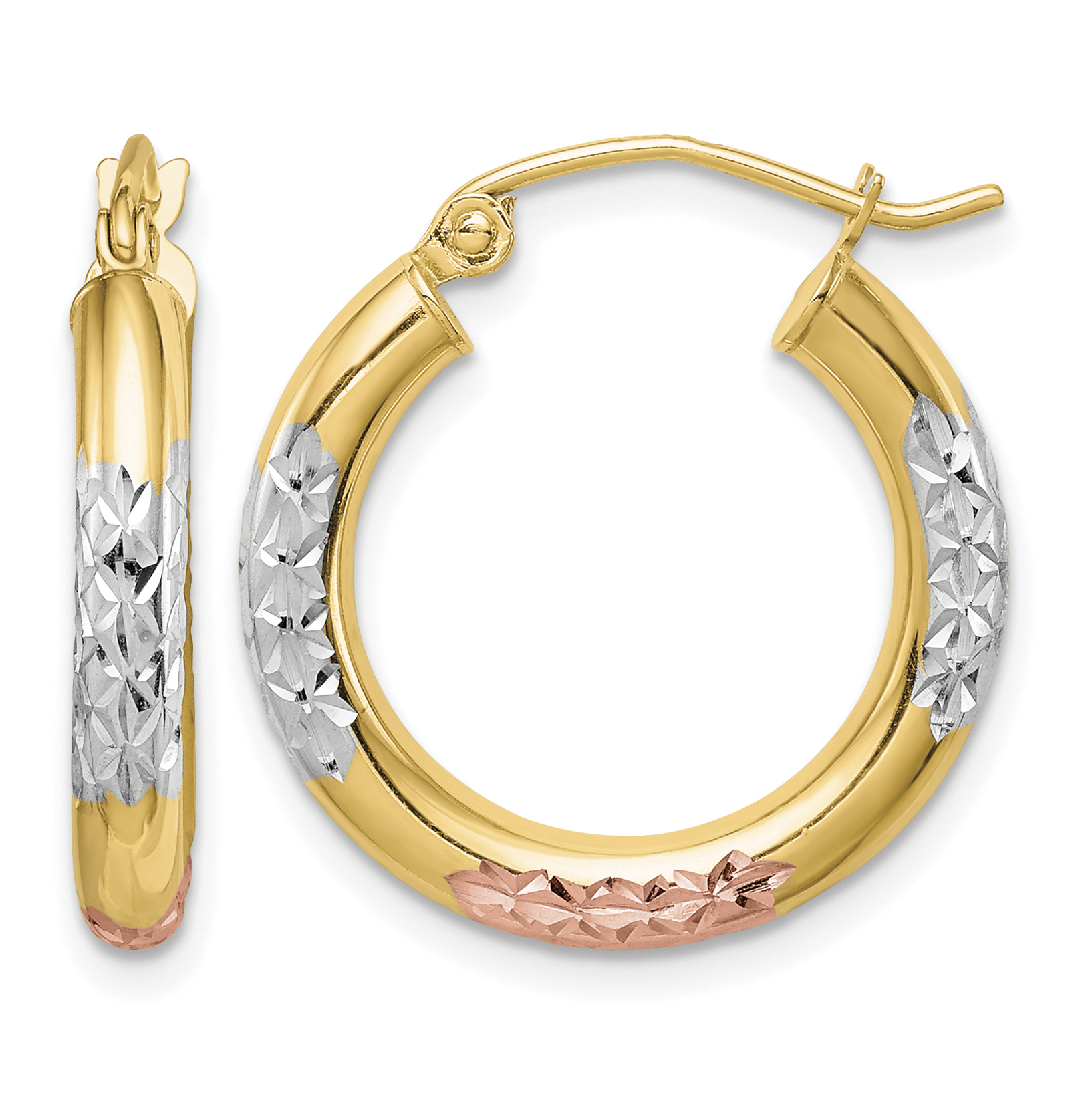 10K White & Rose Rhodium D/C 3x20mm Hoop Earrings (10TC334)