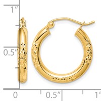 10K Yellow Gold Diamond Cut 3x20mm Hollow Tube Hoop Earrings view 2