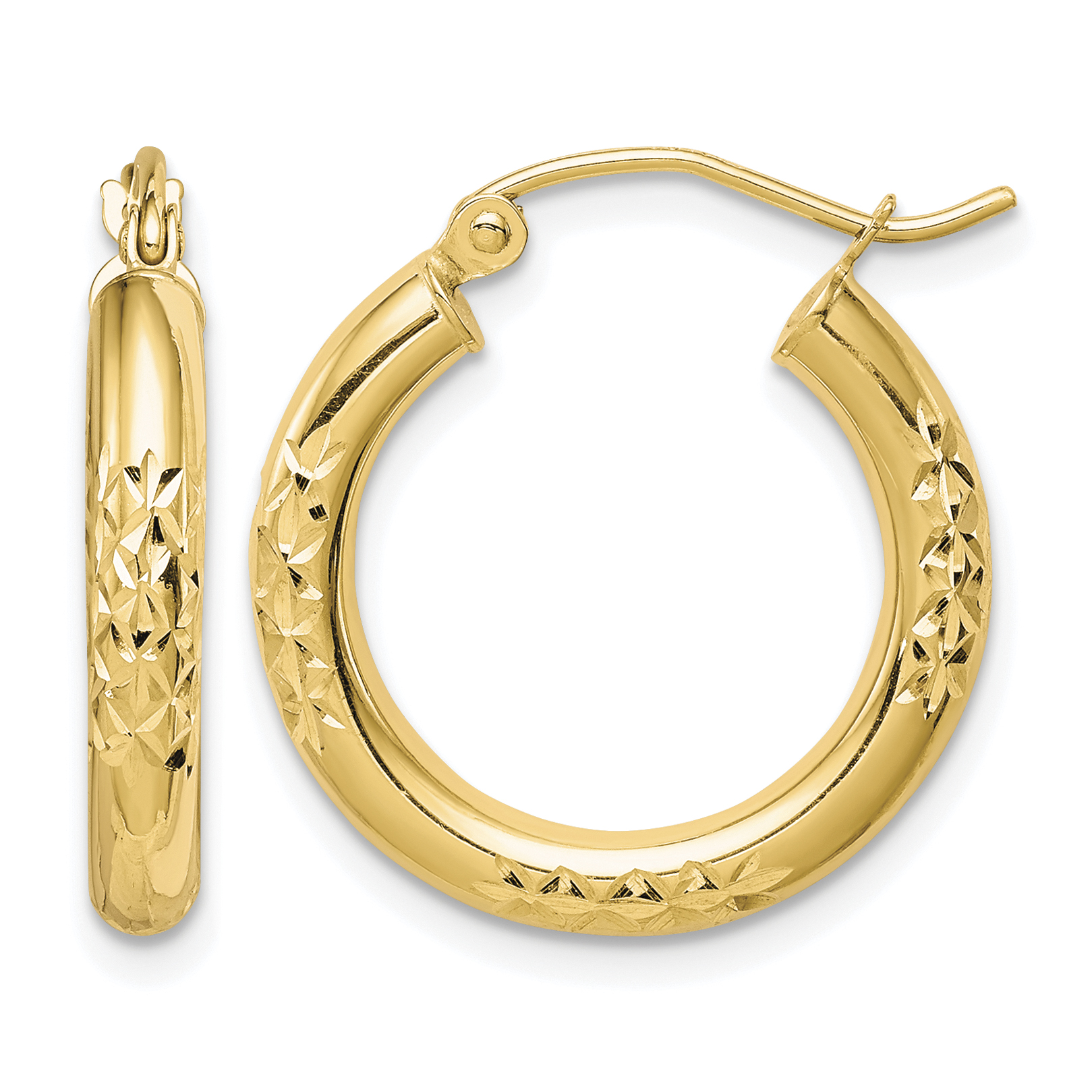 10K Diamond Cut 3x20mm Hollow Tube Hoop Earrings (10TC344)