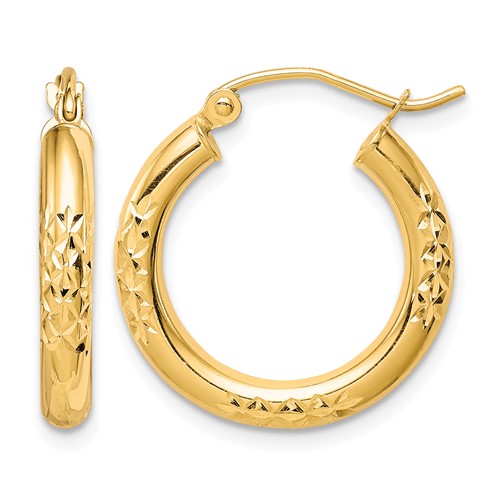 10K Yellow Gold Diamond Cut 3x 20mm Hollow Tube Hoop Earrings