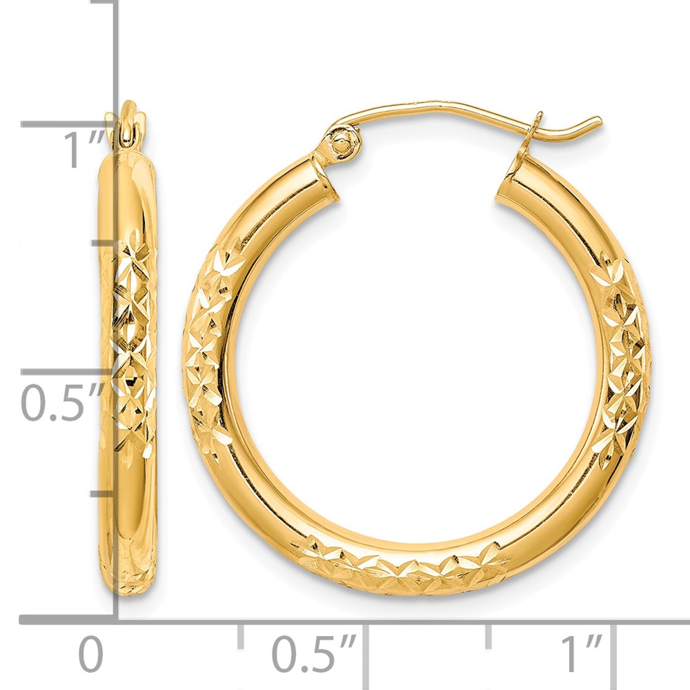 10K Diamond Cut 3x25mm Hollow Tube Hoop Earrings (10TC345)