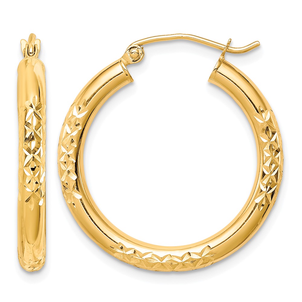 10K Diamond Cut 3x25mm Hollow Tube Hoop Earrings (10TC345)