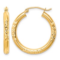 10K Yellow Gold Diamond Cut 3x 25mm Hollow Tube Hoop Earrings view 1