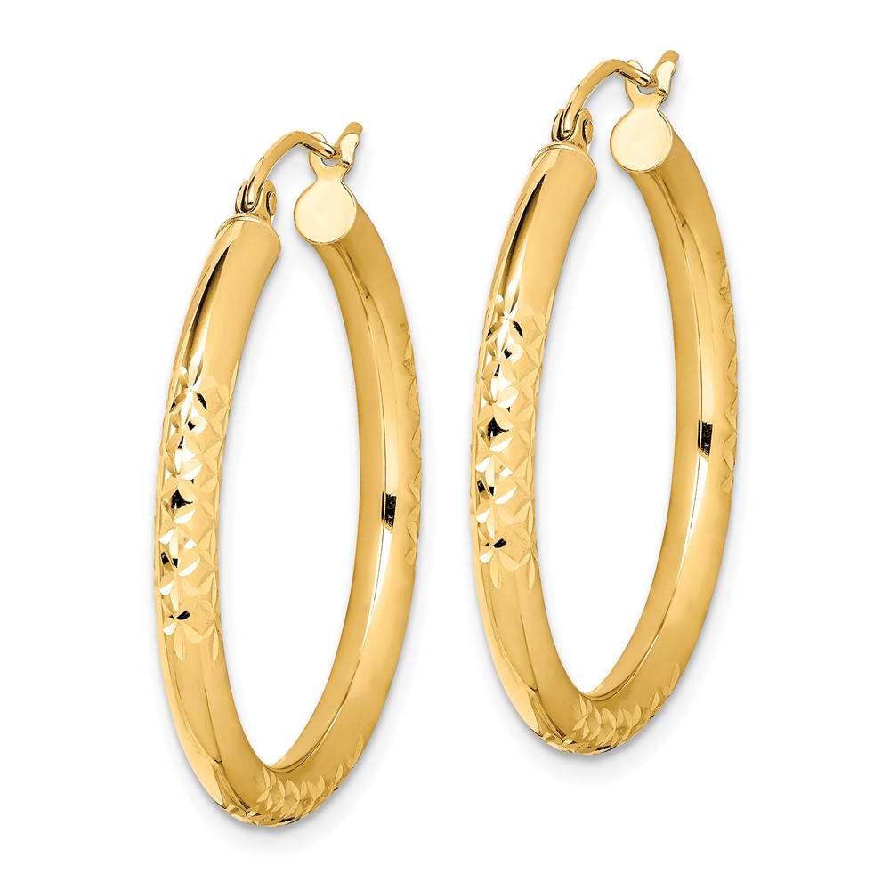 10K Diamond Cut 3x30mm Hollow Tube Hoop Earrings (10TC346)