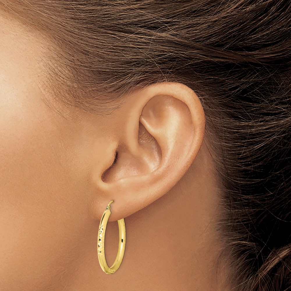 10K Diamond Cut 3x30mm Hollow Tube Hoop Earrings (10TC346)