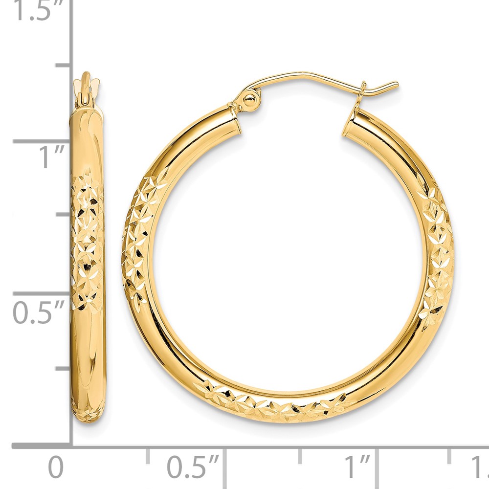 10K Diamond Cut 3x30mm Hollow Tube Hoop Earrings (10TC346)