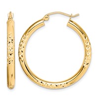 10K Yellow Gold Diamond Cut 3x 30mm Hollow Tube Hoop Earrings view 1