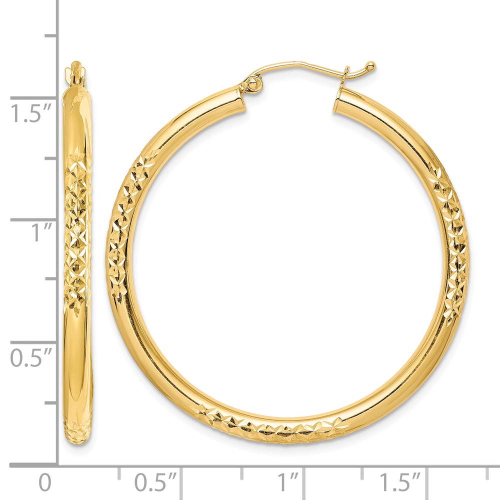 10K Diamond Cut 3x40mm Hollow Tube Hoop Earrings (10TC348)