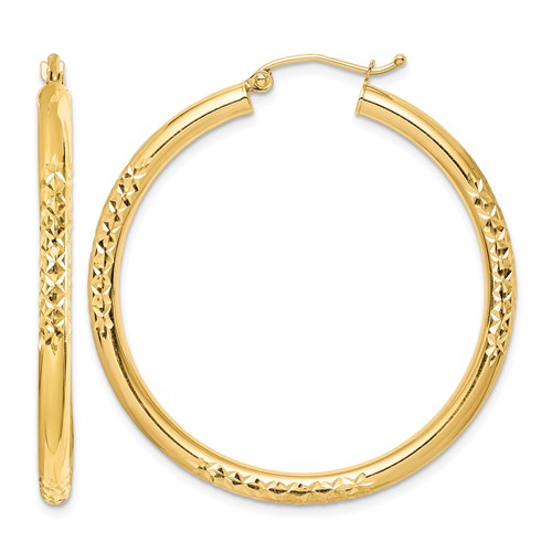 10K Yellow Gold Diamond Cut 3x 40mm Hollow Tube Hoop Earrings
