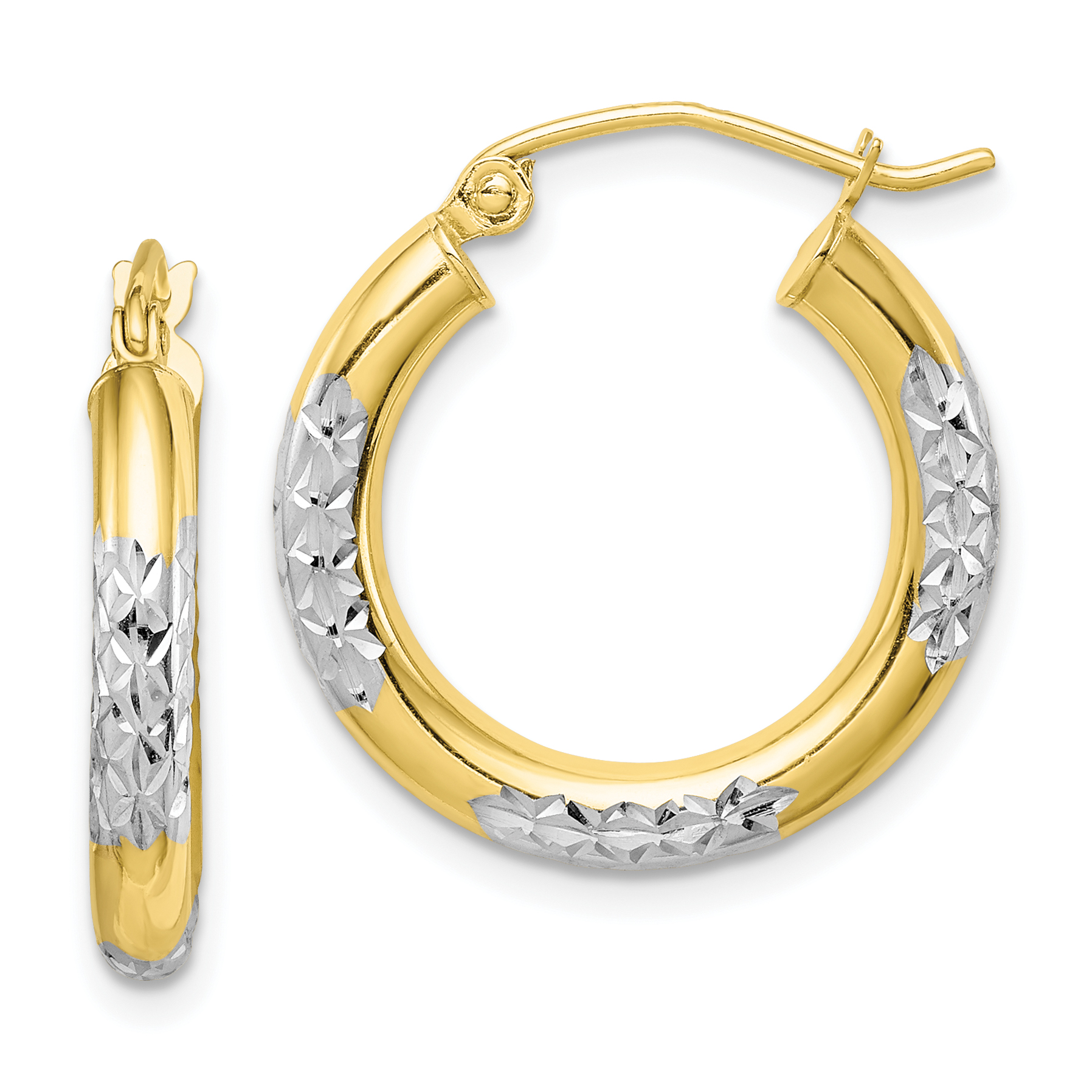 10K & Rhodium Diamond Cut 3mm Hoop Earrings (10TC354)