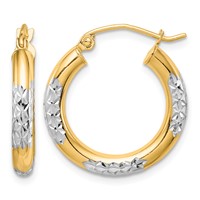 10K & Rhodium Diamond Cut 3mm Hoop Earrings view 1