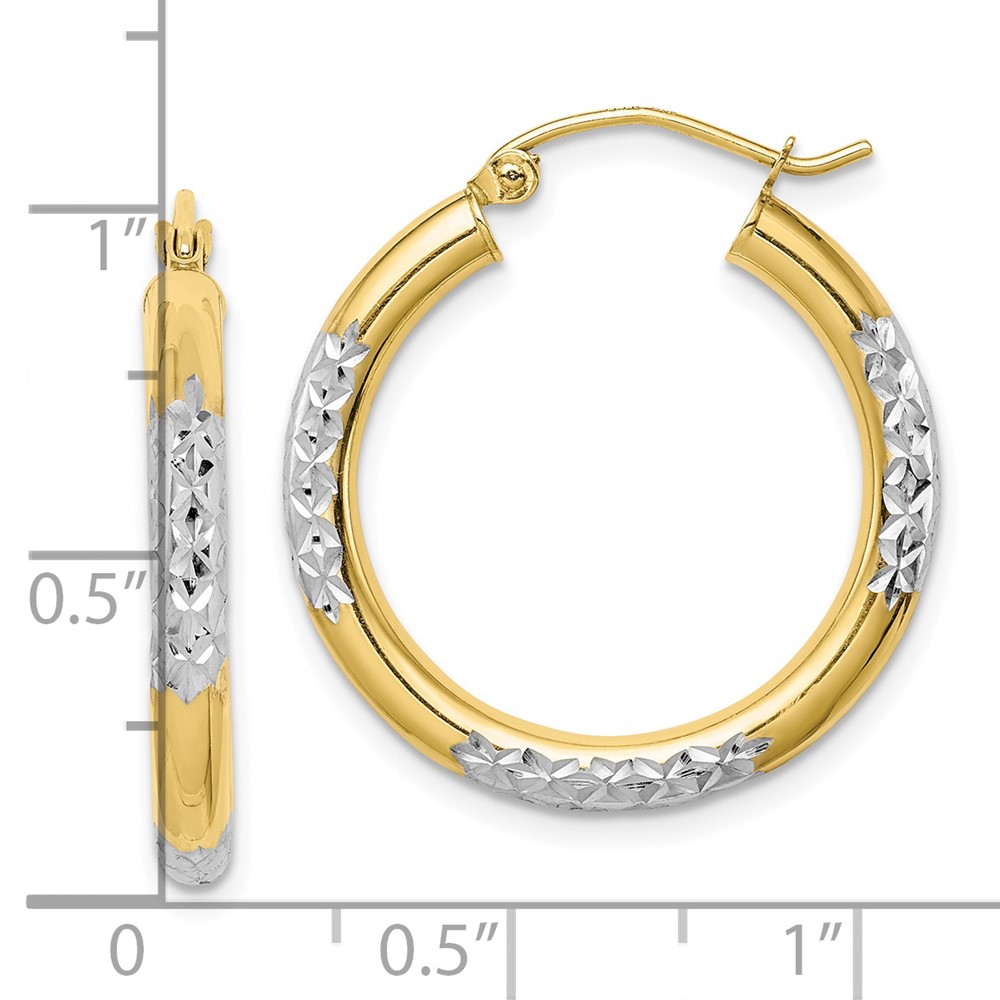 10K & Rhodium Diamond Cut 3mm Hoop Earrings (10TC355)