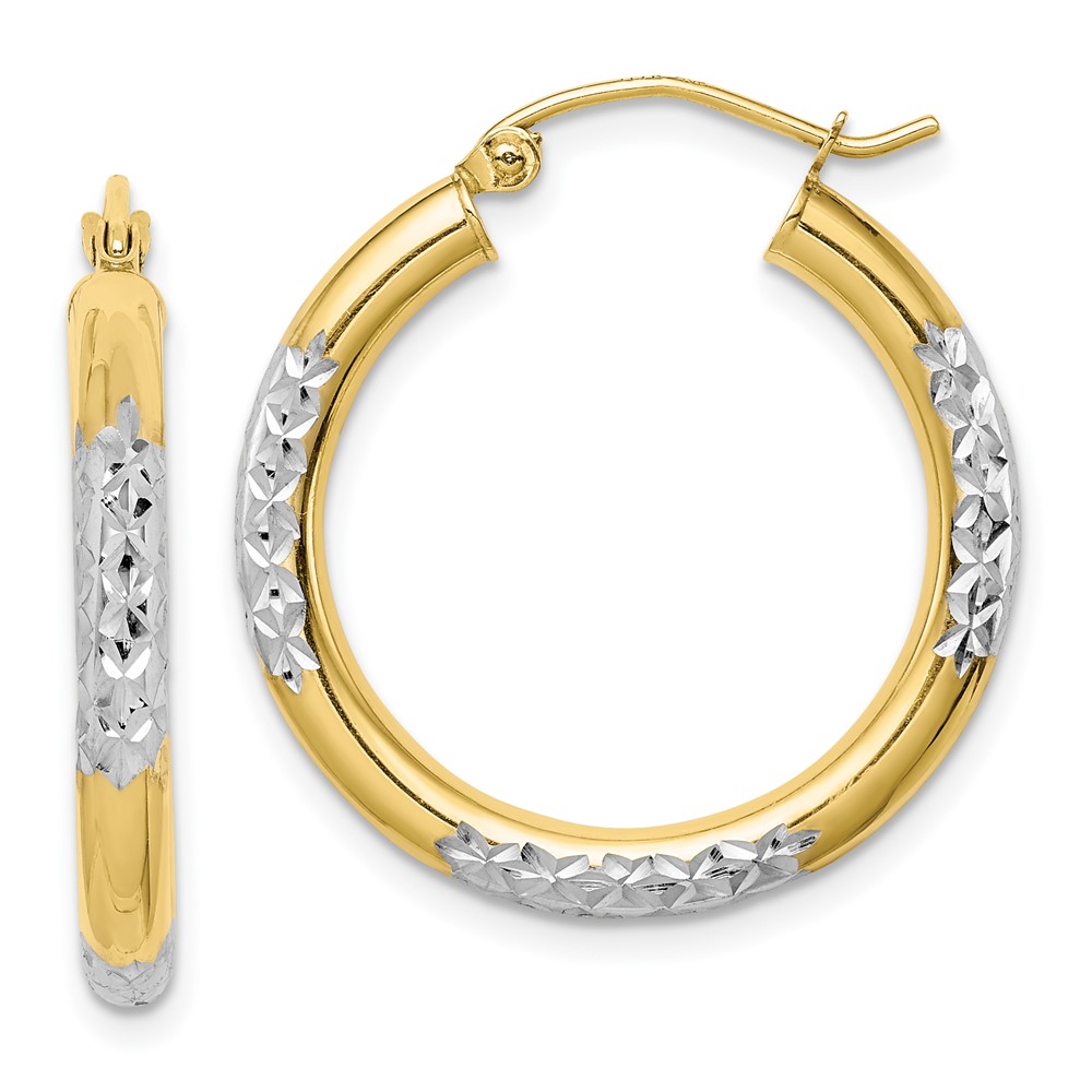 10K & Rhodium Diamond Cut 3mm Hoop Earrings (10TC355)